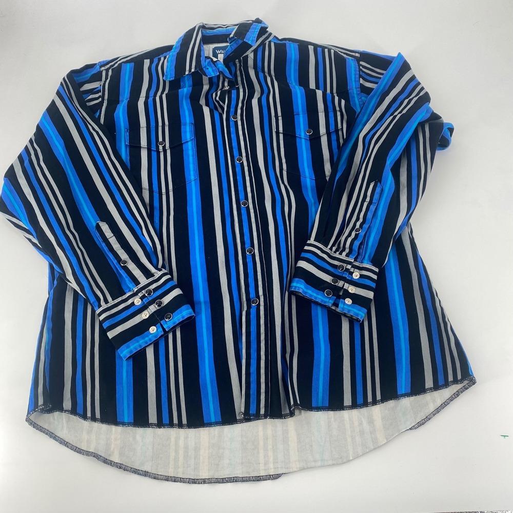 Wrangler Western Shirt Mens XL Blue Black Striped Pearl Snap Long Sleeve MB1054M